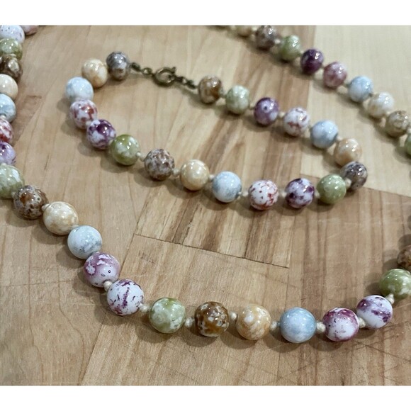 Vintage Multicolor Splatter Knotted Glass Bead Necklace Bracelet Set Art Deco - Picture 2 of 6